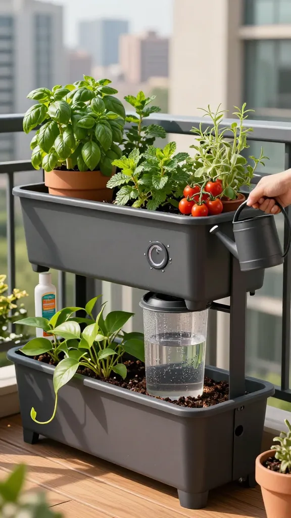 Ultra-realistic, high-resolution photo of a compact urban balcony container garden showcasing self-watering pots in action: a mix of modern, matte charcoal and terracotta-colored self-watering planters with visible clear reservoir gauges and wicking systems, filled with lush, healthy plants—herbs (basil, mint), cherry tomatoes with ripening clusters, and trailing pothos—growing in airy, lightweight potting mix. A subtle morning golden light casts soft shadows on a small wooden deck, with a cityscape blur in the background. One pot’s reservoir is partially filled and visibly clear; a hand holds a small watering can topping up from the side inlet. Condensation beads lightly on the reservoir window, and the soil surface shows perlite and coco coir texture. Include a small bottle of diluted liquid fertilizer nearby. The arrangement is tidy and realistic, emphasizing the stress-free, evenly moist root environment for busy or forgetful gardeners in summer heat. No labels or text, natural color balance, shallow depth of field, professional lifestyle photography.