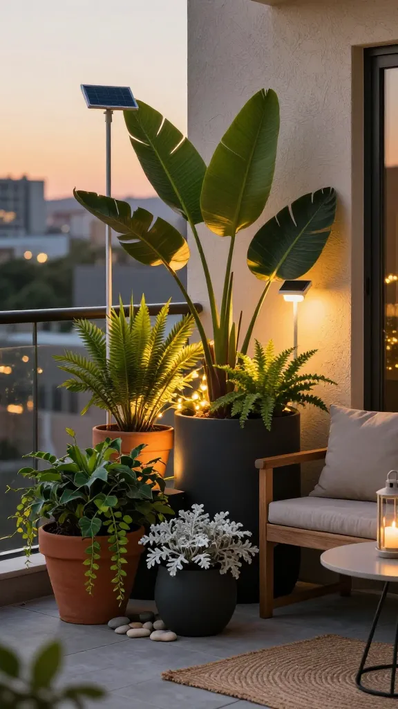 Golden-hour patio container garden glowing at dusk with solar lighting: a small urban balcony styled as an evening lounge, featuring a mix of large terracotta and matte black planters overflowing with lush foliage—monstera, bird of paradise, ferns, trailing ivy, and silver dusty miller—arranged in layered heights. Warm white solar stake lights are tucked behind tall leaves to create dramatic plant silhouettes against a textured stucco wall, while a subtle strand of warm fairy lights weaves through shorter containers, highlighting leaf textures. A low acacia wood bench with neutral cushions sits beside a small round bistro table holding a candle lantern; concrete pavers underfoot, woven outdoor rug, and a few smooth river stones topping soil in pots. The solar panels on the stakes face a last sliver of sunset. Background shows soft city skyline bokeh. Realistic lighting, high dynamic range, shallow depth of field, 50mm lens, ultra-detailed textures, no people, no text.