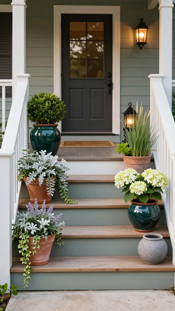 Golden-hour front porch with a welcoming entry and strong curb appeal, featuring a stair-step pot parade along three wide steps leading to a craftsman-style front door. Each step showcases varied plant heights and textures: cascading silver dichondra and trailing ivy, compact mounded boxwood, airy ornamental grasses, blooming white hydrangea, and soft lavender. Mix of pot materials and shapes—warm terracotta, glossy deep-green glazed ceramic, and matte gray fiberstone—kept within a cohesive neutral-and-green palette. Subtle asymmetry with larger planters anchored near the railing, smaller pieces stepping upward toward the door. Black metal lanterns and discreet solar step lights create a soft evening glow, highlighting foliage edges and pot surfaces. Clean painted risers, natural wood treads, muted sage siding, and a simple jute doormat complete the scene. Realistic lighting, shallow depth of field, crisp textures on leaves and pottery, no people, no text.