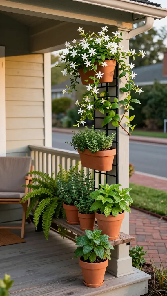Golden-hour front porch of a cozy craftsman bungalow showcasing a vertical garden wall as the focal point: a slim black metal trellis and modular matte terracotta wall planters mounted on a porch column and along the railing, densely planted with trailing jasmine/star jasmine vines beginning to bloom, creeping fig weaving up the trellis, and container herbs—thyme, oregano, and a contained mint—spilling slightly from small clay pots on a narrow bench beneath. In shadier corner sections, lush ferns and philodendron thrive in pocket planters, indicating a frost-free climate. The porch is small—just a doormat and a simple wooden chair with a neutral cushion—emphasizing space-saving design. Warm natural light, soft shadows, subtle depth of field, realistic textures of aged wood decking, fresh green foliage with dew-like highlights, and a tidy brick walkway and curbside view in the background to convey instant curb appeal. No text, photorealistic, high resolution.