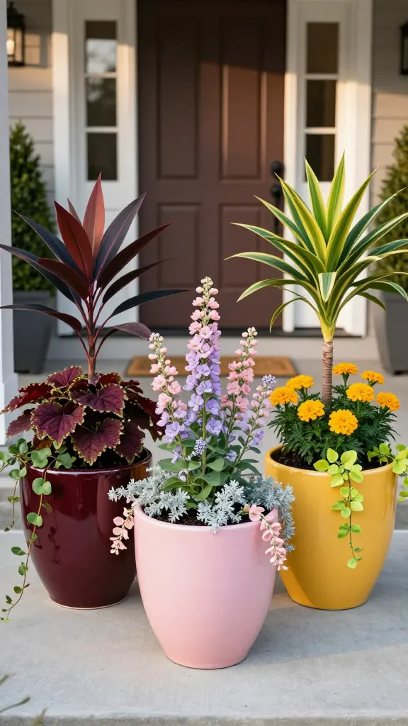 Golden-hour front porch with a styled color-blocked container trio as the focal point, creating instant curb appeal: three large, modern ceramic planters arranged in a loose triangle on a clean concrete step near a classic Craftsman-style front door with sidelights. Left pot (Moody Burgundy theme): deep oxblood glazed planter with a tall burgundy cordyline center, medium layer of heuchera ‘Black Pearl’ and coleus with wine-red foliage, and low trailing sweet potato vine ‘Blackie’ spilling over the rim. Center pot (Soft Pastels theme): matte blush pink planter featuring a tall airy pink gaura, medium layer of pale lavender heliotrope and dusty miller for silvery contrast, with trailing blush calibrachoa cascading down. Right pot (Sunny Citrus theme): glossy sunflower-yellow planter with a tall variegated lemon-lime dracaena, medium layer of marigolds and golden lantana, and trailing creeping jenny in chartreuse. Repeated accents across all three: subtle silver dusty miller sprigs and a touch of white alyssum tucked near the edges for cohesion. Each pot follows tall-medium-trailing balance, with healthy, realistic plant textures and soft soil visible. Warm natural light, shallow depth of field, crisp textures on leaves and pottery, a neatly coir doormat and black metal house numbers in the background, subtle boxwood shrubs flanking the porch for context, no people, no text, ultra-realistic high-resolution photo.