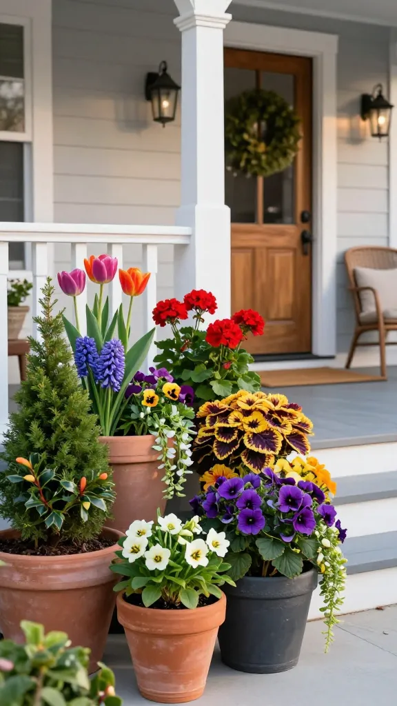 Realistic high-resolution photo of a welcoming front porch garden showcasing seasonal annual swaps for instant curb appeal: a classic white Craftsman-style porch with light gray siding, natural wood door, and black lantern sconces. In the foreground, a neat row of medium terracotta and charcoal fiberstone planters lines the steps and entry, each filled with seasonally swapped blooms: Spring grouping with bright tulips, hyacinths, and pansies; Summer grouping with vivid red geraniums, trailing calibrachoa, and chartreuse coleus; Fall grouping with warm-toned mums, purple asters, and ornamental cabbages; Winter grouping with dwarf conifers, glossy-berried holly, and white hellebores. Subtle visual cues separate the clusters along the steps while keeping a cohesive style—matching pots, consistent mulch, and tidy placement. Soft golden hour lighting, shallow depth of field, crisp detail on leaves and petals, clean doormat, woven chair with neutral cushion, and a simple wreath on the door. No text, hyper-realistic photography, 50mm lens look, true-to-life colors, natural shadows.