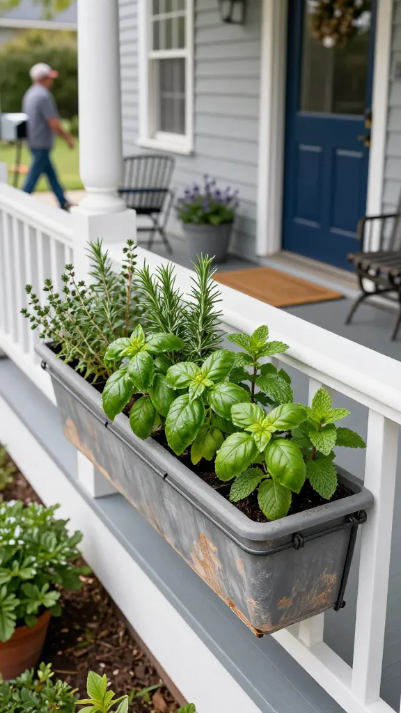 Realistic high-quality photo of a charming front porch garden focused on a slim herb ledge attached to a white porch railing, overflowing with fresh basil, rosemary, thyme, and mint. The ledge consists of weatherproof clamp-on rail planters with metal brackets and natural coco liners, neatly arranged with discreet drain trays beneath. A classic cottage-style home exterior with light gray siding, a navy front door, and a coir welcome mat is visible in the background. Soft morning light highlights dew on the herb leaves, and a mail carrier walks by on the sidewalk in gentle blur, emphasizing everyday functionality. A small bistro chair and potted lavender flank the porch for added curb appeal. Color palette is natural greens and neutrals; composition is shallow depth of field with the herb rail shelf as the crisp focal point. No text.