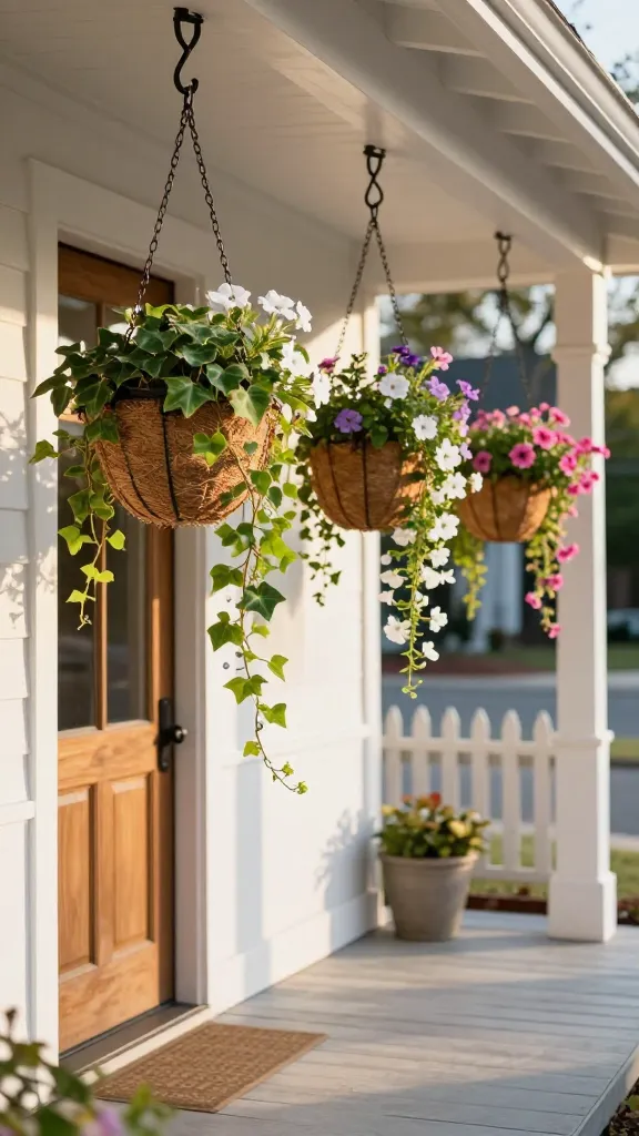 Golden-hour front porch with a white-painted Craftsman facade and natural wood door, showcasing a dramatic cluster of three cascading hanging baskets at staggered heights beside the entry. The baskets are lightweight coir with black metal chains on matte black swivel hooks fixed to the porch ceiling. Each basket overflows with lush spillers: glossy English ivy, white bacopa with delicate blooms, and mixed trailing petunias in soft pink and purple, cascading in ribbons. Discreet watering crystals are visible as gel-like beads in the moist potting mix. The composition emphasizes vertical depth and motion, with the plants softening the porch’s straight lines and casting gentle shadows on clean, wide plank decking. A pair of simple, low-profile planters sits off to the side to keep floor space open. Warm, natural light highlights texture on the coir fiber and leaves; shallow depth of field subtly blurs the background street and picket fence, creating a selfie-friendly frame around the doorway. Ultra-realistic, high-resolution, true-to-life colors and materials.
