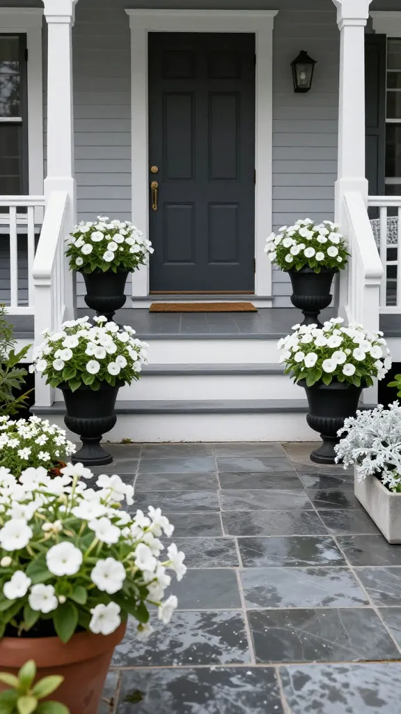 Realistic high-resolution photo of a stylish front porch garden showcasing a monochrome planting scheme for instant curb appeal. The porch features a classic craftsman-style home facade with a dark charcoal door, white trim, and wide steps. The garden is arranged in a cohesive all-white palette: overflowing white begonias and impatiens in matte black urn planters, drifts of white alyssum spilling from low terracotta pots, and soft silvery dusty miller as a contrast edge in rectangular concrete planters. Symmetrical placement frames the entry: two tall black planters flanking the door, lower planters staggered along the steps, and a narrow window box packed with white blooms. Early morning natural light, shallow depth of field, crisp textures of foliage and petals, wet-look slate porch tiles after a light misting, subtle reflections on pots. Background includes a neatly painted porch railing, a brass door handle, and a coir doormat. No people, no text, realistic color grading, editorial home-and-garden photography style.