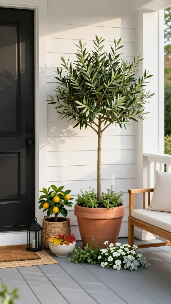 Realistic, high-resolution photo of a stylish front porch corner centered around a potted mini tree, showcasing “grown-up garden” curb appeal. The porch has light gray painted floorboards, white siding, and a black modern front door partially visible to the left. In the right corner, a 4–5 ft dwarf olive tree with silvery-green leaves sits in a matte terracotta urn, adding vertical height and soft shade. Underplanting spills from the base: trailing thyme, white alyssum, and soft lamb’s ear. To the side, a low woven basket planter holds a dwarf citrus with a few small yellow fruits, and a shallow ceramic bowl displays Japanese maple leaves for color contrast. A natural jute doormat, a black metal lantern, and a simple teak bench with a cream cushion complete the scene. Morning golden light, soft shadows, and crisp details emphasize texture of bark, foliage, and planters. No people, no text, realistic color grading, shallow depth of field subtly blurring the background for an intentional, anchored look.