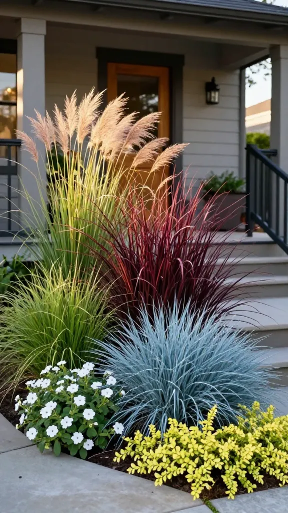 Realistic front porch garden scene focused on ornamental grasses creating movement and sound, showcasing curb appeal from the street. A sunlit, modern craftsman-style home with a deep front porch in full afternoon sun; camera positioned at street level with a slight upward angle to capture the porch and plantings. In the foreground and along the porch steps: a layered planting of swaying grasses—rich burgundy Pennisetum ‘Rubrum’ plumes, mounds of icy-blue fescue, and fine-textured green carex—for bold color and texture contrast. To one side, a vertical drift of feather reed grass (Calamagrostis ‘Karl Foerster’) rising behind low, overflowing white calibrachoa at the base. On the opposite side, dwarf miscanthus clumps edged with chartreuse creeping Jenny spilling over a low stone border. Warm golden hour light highlights the grass plumes and blades, suggesting wind with gentle motion blur on the tips. The porch features neutral-toned planters echoing the plant combinations, a natural wood door, simple black railings, and clean siding. Shallow depth of field keeps focus on the grasses while the house remains crisp enough to read as a welcoming entry. High-resolution, photo-real, vibrant yet natural colors, no text.