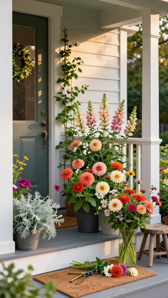 Realistic high-resolution photo of a charming front porch garden featuring a doorstep cut-flower station as the main subject, emphasizing instant curb appeal. A cozy, sunlit porch with a painted front door and clean steps hosts a compact arrangement of planters overflowing with cut-flower varieties: vibrant zinnias in mixed jewel tones, dwarf dahlias in soft coral and buttercream, tall pastel snapdragons lining the rail, and a mini trellis beside the door with sweet peas climbing and blooming. Include a potted eucalyptus and a soft, silvery artemisia for lush filler greens. On a small rustic stool near the door, show a clear glass vase half-filled with water and freshly snipped stems, with brass garden snips and a few loose blooms on a natural fiber doormat. The composition frames the porch entry, showing white trim, warm natural light, shallow depth of field, and realistic textures of petals and foliage; early morning golden hour lighting; ultra-detailed, photorealistic, 50mm lens perspective, high dynamic range, no text.