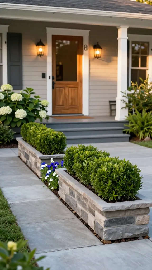 Golden-hour, front porch garden of a charming American craftsman-style home with instant curb appeal, featuring the main subject: a crisp, low boxwood border defining the entry. Two long, matching rectangular stone-look trough planters run parallel along the porch edge, each densely planted with neatly sheared but softly rounded boxwood (or dwarf yaupon) to frame the wide, painted wood steps. Subtle underplanting of seasonal color—cool-toned violas and white alyssum—spills slightly at the edges for a pop beneath the green structure. The porch has a natural wood door with sidelights, matte black hardware, and warm lantern sconces casting a soft glow. Clean concrete or bluestone walkway leads up to the steps, with symmetrical, classic details (neutral siding, crisp white trim, simple black house numbers not visible as text). Lush but tidy landscaping surrounds—hydrangeas and ferns in the background—while the focus stays on the tailored planters guiding the eye to the entry. Overcast-to-golden, realistic lighting, shallow depth of field, high-resolution, natural colors, no people, no text.