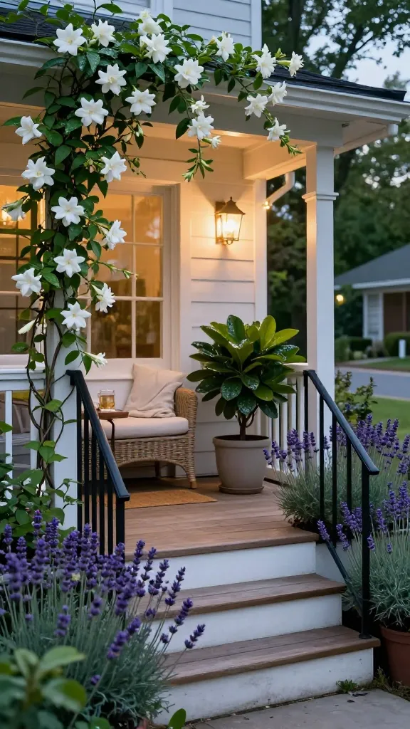 Golden-hour front porch garden focused on night-blooming fragrance plants: a cozy, white-painted wooden porch with natural wood steps and black metal railings, featuring a slim trellis wrapped with lush moonflower vines and night-blooming jasmine covered in white starry blossoms near the seating area. A large, glossy-leaved gardenia in a ceramic pot sits beside a cushioned wicker lounge chair with a soft throw, while neat drifts of lavender line both sides of the steps for a brush-by scent. Soft, warm ambient lighting from wall sconces and subtle string lights casts a twilight glow, emphasizing dewy petals and rich green foliage. The scene feels intimate and luxurious, with a clean doormat, a small side table holding a glass of herbal tea, and a distant hint of a quiet neighborhood street. Photorealistic, shallow depth of field, 50mm lens, high dynamic range, natural color grading, dusk atmosphere.