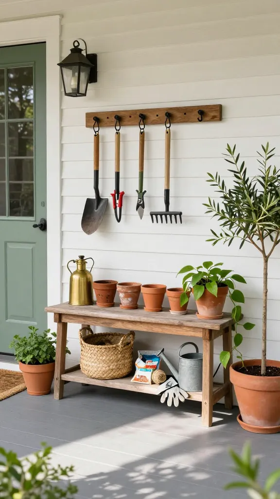 Realistic daylight photo of a charming front porch showcasing a rustic wooden potting bench vignette as the focal point, styled to boost curb appeal. The bench sits against a white clapboard exterior beside a sage-green front door and black lantern sconce. On the bench: a neat row of small weathered terracotta pots, a vintage brass misting bottle catching soft sunlight, and a trailing pothos spilling over the edge. Above, a simple peg rail with S-hooks holds hand tools—trowel, pruners, and a hand rake—clean but used. Below the bench: woven seagrass baskets partially tucked in, discreetly holding a bag of potting soil and coiled twine. Nearby, a galvanized watering can, a few seed packets, and a pair of garden gloves lie casually yet tidy, conveying mid-project charm. Flanking the scene are potted herbs and a small olive tree in a clay pot. The porch floor is painted gray wood; a natural jute doormat and soft shadows from climbing jasmine complete the cozy cottage-core vibe. Shallow depth of field, warm natural light, true-to-life colors, highly detailed textures. No text.