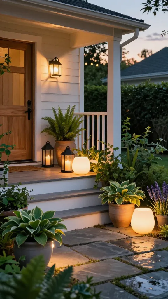 Golden-hour front porch garden with a welcoming, modern cottage vibe: a natural wood front door with matte black hardware, wide white-painted steps, and a stone path lined with lush potted greenery (ferns, variegated hostas, lavender, and trailing ivy). The scene is lit primarily by warm solar lighting—discreet solar stake lights softly outlining the pathway and planters, two solar spotlights aimed at large ceramic statement planters to accent leaf texture, and a pair of tall black metal lanterns on the steps holding flickering battery LED candles. Include two matte-white glow-in-the-dark planters near the railing emitting a gentle ambient sheen for a contemporary twist. Add subtle string lights along the porch ceiling for depth, with shadows playing across foliage. Nightfall blue sky with lingering sunset glow, damp slate stepping stones for slight reflections, realistic textures, high dynamic range, shallow depth of field focused on the illuminated greenery, no people, no text, ultra-realistic photo.