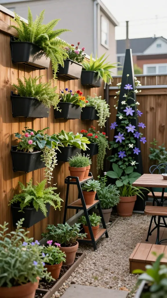 A realistic, high-quality photo of a small urban backyard garden that showcases a dramatic vertical gardening setup as the main subject: a sunlit wooden fence covered with modular wall planters arranged in a dynamic grid, each pocket bursting with lush greenery—ferns, trailing ivy, bacopa, and pops of seasonal flowers—alongside a slim black metal ladder-shelf holding terracotta pots of herbs and succulents. In the center, a narrow gravel pathway leads past a compact bistro seating set on warm decking, while a tall trellis and a slender obelisk support climbing clematis and jasmine. Soft late-afternoon light creates gentle shadows, leaves glisten with a light misting, and the overall palette is natural wood, matte black metal, and vibrant green with subtle floral accents. Shallow depth of field, crisp detail, true-to-life colors, photorealistic texture on wood, metal, and foliage, no text, 35mm lens perspective.