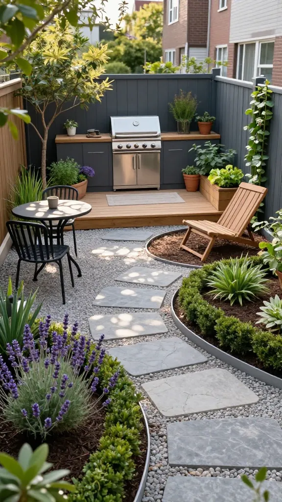 Realistic high-quality photo of a small backyard garden transformed with cozy curved and corner zones: a compact, sunlit urban yard with a mix of materials defining distinct areas. In the foreground, a gentle S‑curve stepping-stone path of gray pavers winds through low, neatly clipped boxwood edging and blooming lavender. To the left, a tiny morning-coffee nook sits on pea gravel with a round black metal bistro table and two slender chairs, dappled early light filtering through a small ornamental tree. Mid-ground, a grilling corner occupies a right-angled deck platform of warm cedar boards with a compact stainless gas grill, a low planter of herbs nearby. To the right, a quiet reading corner nestles into a curved bark-mulch pad with a simple wooden lounge chair and side table, bordered by metal edging separating mulch from lush groundcover. A 4x6 neutral outdoor rug subtly defines a lounging spot on the deck, while potted veggies and a narrow vertical trellis add height along a fence. Soft morning light, realistic textures (gravel, mulch, wood, stone), vivid but natural colors, shallow depth of field, no people, no text, captured with a full-frame camera and 50mm lens for lifelike detail.