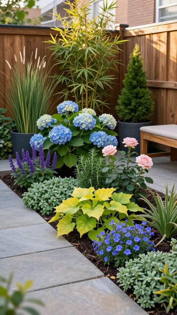 Realistic high-resolution photo of a small urban backyard garden showcasing lush layered planting for a magazine-ready look: foreground stone pavers leading to a compact seating nook, borders planted in clear layers. Back layer features tall anchors in sleek charcoal containers—clumping bamboo, dwarf ornamental grasses, and a few small columnar evergreens against a wooden privacy fence. Middle layer is full and colorful with hydrangeas (soft blue and white blooms), purple salvias, fragrant rosemary, and a couple of compact pale-pink roses. Front edge spills over with creeping thyme between pavers, chartreuse sweet potato vine, trailing blue lobelia, and low clusters of sedum. Golden late-afternoon sunlight creates soft shadows and highlights textures of glossy leaves, feathery grasses, and flower petals. Subtle repetition of plant shapes along the border adds rhythm without crowding. Include natural materials: warm cedar fencing, light gray stone edging, a simple teak bench with a neutral cushion. Shallow depth of field focusing across the layered beds, true-to-life colors, no people, no text.