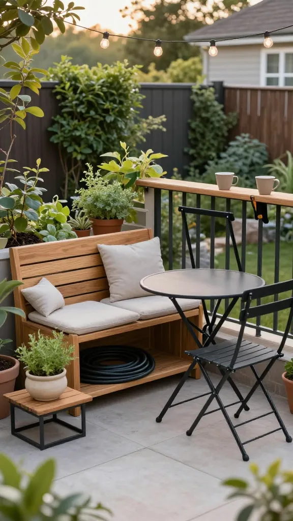 A realistic, high-resolution photo of a small backyard garden showcasing multipurpose furniture in use: a sleek wooden storage bench with the lid slightly open revealing neatly coiled garden hose and cushions; a compact foldable black metal bistro set (table and two chairs) partially folded and leaned against a fence, ready to deploy; a low side table with an integrated ceramic planter growing herbs; and a slim rail-hung wooden table clipped to a balcony-style railing with two cups placed on top. The garden is lush but tidy, with potted plants, vertical greenery on a fence, and string lights overhead at golden hour. Natural materials (teak, matte black metal), soft neutral cushions, and subtle shadows. Emphasize clever space-saving layout, clean lines, and a calm, lived-in feel. No people, no text, ultra-realistic, shallow depth of field, 35mm lens, soft warm sunlight.