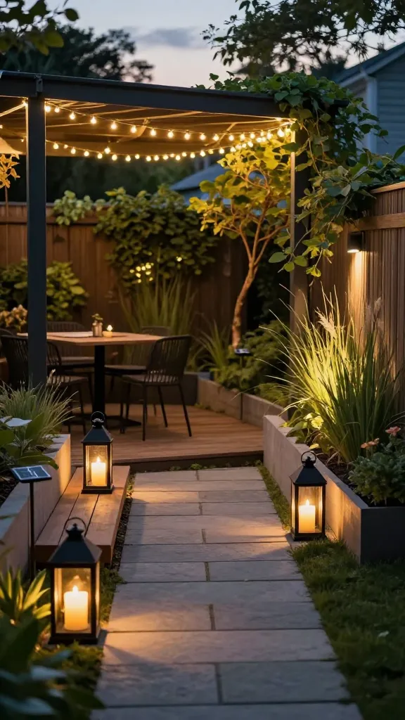 Golden-hour backyard scene transformed into a cozy nighttime retreat: a small, modern garden with a compact pergola over a bistro seating area, zigzag string lights draped overhead for warm ambient glow, solar path stakes softly illuminating a narrow stone walkway, discreet uplights washing a vine-covered fence and a slim ornamental tree to add height and drama, tall grasses catching side light, and clusters of black metal lanterns with pillar candles on steps and a small table. Include layered lighting (ambient, task, sparkle) that flatters every corner, natural wood decking, planters with lush greenery, and subtle shadows for depth. Photorealistic, high-resolution, shallow depth of field, warm color temperature, no people, no text.