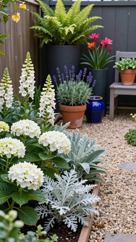 Realistic high-quality photo of a small backyard garden showcasing expert color and contrast design: a compact, lush space with a narrow gravel path leading to a cozy bench, featuring a tight color palette that highlights a “Fresh + Calm” scheme in the foreground and subtle Mediterranean accents in the midground. Foreground beds display crisp white blooming hydrangeas and white foxgloves interplanted with silvery foliage plants like lamb’s ear and Artemisia, set against natural wood edging and light gravel. Midground includes terracotta pots with deep blue glazed accent pots, filled with lavender and rosemary for muted green tones. Background uses taller, matte charcoal and black planters to visually recede, planted with lime-green ferns for contrast and a few hot pink/orange tropical blooms peeking through for strategic pops. Repeat the white, silver, and charcoal elements throughout for cohesion. Golden-hour lighting creates gentle shadows and depth; shallow depth of field with tack-sharp foreground blooms; wet-look leaves from a light misting for texture; no people, no text; realistic materials and true-to-life plant details.