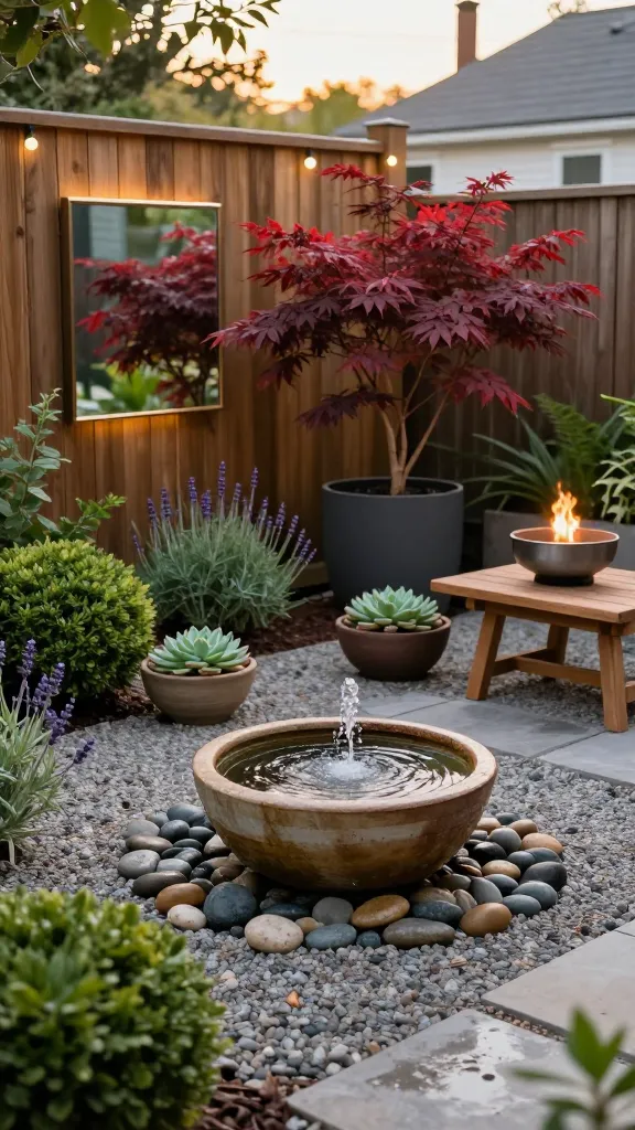 Golden-hour photo of a small urban backyard showcasing a micro-feature focal point: a compact, sculptural ceramic container fountain centered on a slim gravel patio, water gently bubbling over smooth river pebbles. Surrounding it are layered container plantings: an oversized matte charcoal planter with a dwarf Japanese maple (deep red foliage) as a statement, low bowls of succulents, and a steel tabletop ethanol fire bowl glowing softly on a small teak bistro table. A weatherproof mirror mounted on a vertical cedar slat fence doubles the greenery, creating depth. Lush, tidy border plantings (boxwood balls, ferns, and blooming lavender) frame the scene; warm string lights overhead, subtle reflections on wet pebbles, shallow depth of field, natural tones, hyper-realistic detail, crisp lighting, 50mm lens look. No people, no text.