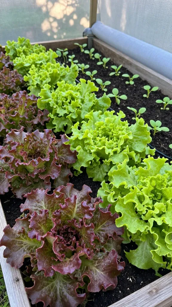 Ultra-realistic close-up photo of a lush raised garden bed brimming with leafy lettuce, focusing on vibrant loose-leaf varieties like ‘Red Sails’ (burgundy-tinted ruffled leaves) and ‘Black Seeded Simpson’ (lime-green, tender frills). Capture morning light with soft, cool tones, slight dewdrops on leaves, and rich, airy soil texture. Include visible succession plantings: small seedlings in one section, baby greens in another, and mature heads ready for cut-and-come-again harvesting. Show partial afternoon shade setup with a light shade cloth or dappled tree shade at the edge, and a drip line or soaker hose indicating consistent watering. Background hints of a cool spring day—light mist, breathable row cover rolled up, simple wooden bed frame with natural wear. Shallow depth of field highlighting crisp leaf texture and freshness, no people, no text.