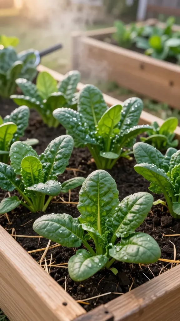 Ultra-realistic close-up photo of vibrant spinach growing in a tidy raised wooden garden bed in early spring, captured at golden hour with soft, natural light. The bed is filled with rich, dark, slightly moist soil topped with a thin layer of straw mulch. Spinach plants have lush, deep-green, crinkled leaves with visible dew droplets and crisp veins; outer leaves are slightly larger, suggesting recent harvest, while inner leaves are tender and new. The scene shows multiple compact plants spaced closely, maximizing tight space. Background softly blurred with hints of cool-weather atmosphere: a light mist, a faint breath of steam in the chill, and other cool-season greens barely visible. Subtle garden tools (small hand pruners and a basket with freshly picked spinach leaves) rest at the edge of the bed to imply continuous harvesting. Color palette emphasizes fresh greens and warm wood tones, with a shallow depth of field and realistic textures. No people, no text, high-resolution, natural editorial style.