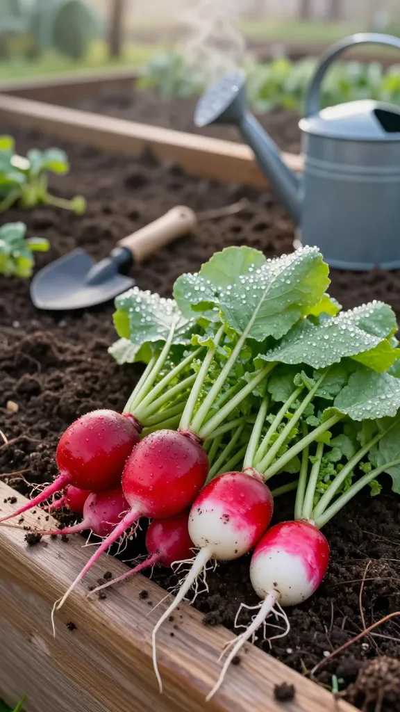 Ultra-realistic close-up photo of freshly harvested radishes as the main subject, still dusted with moist soil, laid across the edge of a cedar raised bed at dawn; crisp morning light with soft dew on bright green radish tops, showcasing plump, smooth bulbs in both ‘Cherry Belle’ (round, glossy cherry-red) and ‘French Breakfast’ (elongated, red with white tips). In the background, a shallow depth of field reveals evenly spaced rows in friable, well-drained soil, a small hand trowel, and a watering can with gentle droplets on the bed’s rim. Subtle steam curls from a ceramic coffee mug set on the corner of the bed, reinforcing the “harvest before your coffee cools” speed. Natural colors, high dynamic range, tack-sharp texture on radish skins and leaves, soft bokeh background, early morning garden ambiance.