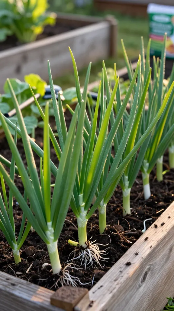 A realistic, high-resolution photo of vibrant green onions (scallions) thriving in a small raised bed garden at golden hour. The bed is made of weathered cedar boards filled with rich, dark soil, with scallions planted thickly along the edges and corners, some newly sprouted and others mature with long, slender emerald-green stalks and white bases. A few trimmed stalks show clean snip marks for continuous harvesting, and one cluster clearly regrowing from planted grocery store roots with visible white root hairs. Subtle signs of light mulching, dewdrops on leaves, and soft natural backlight highlighting the sheen of the greens. In the background, blurred hints of other easy vegetables in raised beds. A small hand cultivator and a minimalist, recyclable bag of organic high-nitrogen fertilizer sit off to the side, unopened and clean, suggesting sparing use. Shallow depth of field, true-to-life colors, crisp detail, no text.