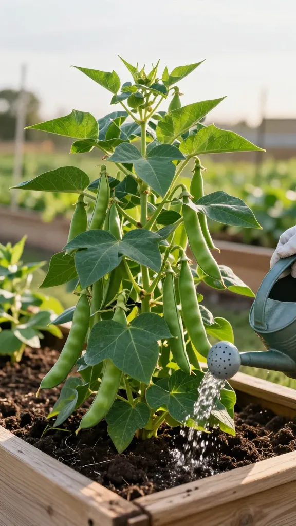 Close-up, high-resolution realistic photo of a compact bush bean plant thriving in a raised wooden garden bed on a sunny late-spring morning. The plant is dense and leafy, loaded with numerous slender, vibrant green bean pods hanging among healthy, deep-green leaves. No trellis or poles are present. The soil is dark, well-drained, and slightly moist, with a soft mulch layer visible. A gloved hand at soil level gently waters near the base with a small watering can spout, avoiding the foliage. In the background, softly blurred rows of other raised beds and a warm, bright sky convey a productive backyard garden. Natural lighting with gentle highlights on the pods, crisp detail on leaf texture and bean strings, and a shallow depth of field that emphasizes easy harvesting and beginner-friendly care.