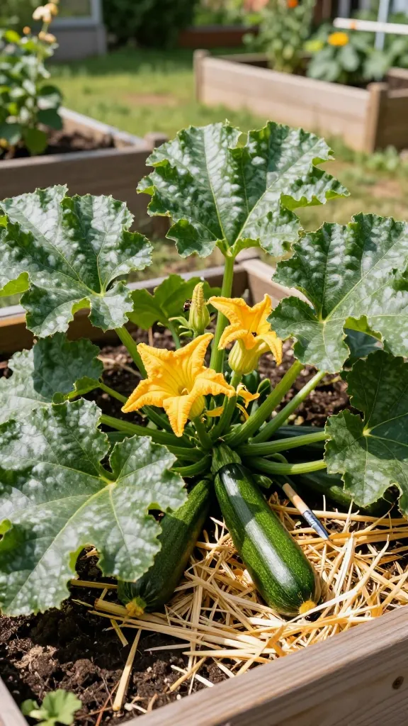 Close-up, high-resolution photo of a thriving zucchini plant in a tidy wooden raised bed under bright mid-summer sunlight. Large, glossy dark-green leaves with distinct silver mottling fan outward, revealing several medium-sized, deep-green zucchinis resting on a layer of clean straw mulch. Vibrant golden-yellow male and female blossoms are open, with a visible bee visiting one flower and a small paintbrush nearby on the mulch to suggest hand-pollination. Soil appears rich and well-drained, with a simple drip line along the bed edge. Background shows a neat backyard garden with a few other raised beds and blurred greenery, bokeh effect, warm natural light, realistic color, shallow depth of field, ultra-detailed, DSLR realism.