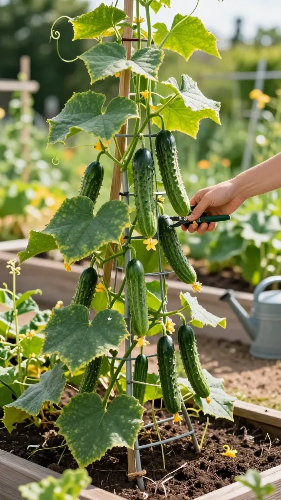 Bright summer garden scene of a raised bed overflowing with climbing cucumbers on a sturdy vertical trellis, shot in natural morning light. The main subject is cucumbers: vigorous green vines with curling tendrils, broad healthy leaves, and small yellow blossoms, producing multiple straight, dark-green slicing cucumbers (like ‘Marketmore’) alongside shorter, bumpy pickling types (‘Boston Pickling’/‘Little Leaf’) and a few slender Persian-style snacking cucumbers. The trellis is a simple metal or wooden A-frame with wire mesh, allowing fruits to hang cleanly off the ground. A gardener’s hand reaches in with pruning shears to harvest an easy-to-see cucumber, emphasizing airflow and tidy growth. Background shows well-mulched raised beds, moist rich soil, a watering can, and soft bokeh of a productive backyard garden. Hyper-realistic, high-resolution, crisp textures on leaves and fruit, warm color tones, no text.