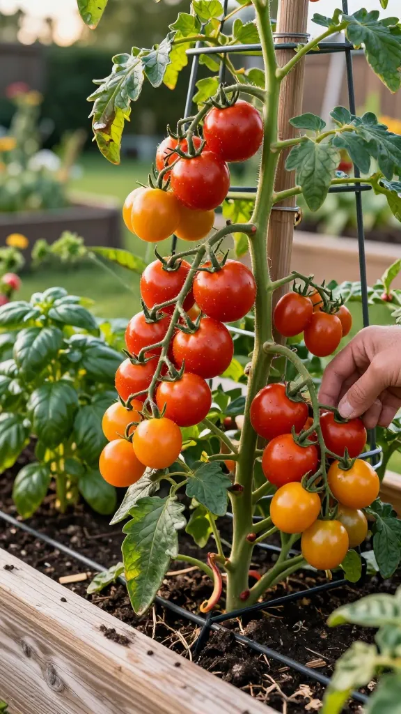 Ultra-realistic close-up photo of a lush raised bed overflowing with ripe cherry tomatoes under warm late-afternoon sunlight. Focus on vibrant clusters of glossy red, orange, and golden cherry tomatoes (varieties like Sungold, Super Sweet 100, and Juliet) hanging from healthy green vines supported by a sturdy tomato cage and a wooden stake. The raised bed is made of weathered cedar, filled with rich dark soil and a light mulch layer. Subtle irrigation lines and deep green foliage with slight natural blemishes add authenticity. A gardener’s hand gently lifts a truss of fruit, showing firm, crack-free skins and the slight bloom on leaves. Soft bokeh background reveals a sunlit backyard garden with other raised beds, basil interplanting, and a hint of a fence. High dynamic range, natural color balance, shallow depth of field, crisp detail on tomato skins and leaf veins, 50mm lens look. No text.
