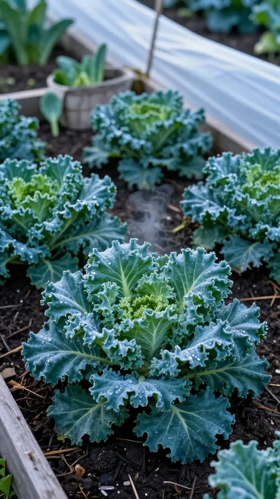 Close-up, high-resolution realistic photo of vibrant kale thriving in a raised garden bed on a cool early morning. The bed is filled with rich, well-draining soil and mulch, with multiple mature kale plants spaced 12–18 inches apart. Leaves are deep green with curly, ruffled edges, showing a light frost kiss that hints at enhanced sweetness. Soft, diffused natural light with a slight cool-blue tone suggests chilly weather; faint breath-like mist and dew droplets sparkle on leaf undersides. A lightweight white row cover is partially pulled back in the background, revealing careful pest management; no visible pests. Subtle garden details include wooden bed edges, moist soil texture, and a few harvested outer leaves in a small rustic basket nearby. Shallow depth of field keeps the central kale rosette sharp while softly blurring the background garden. Photorealistic, crisp details, natural colors, no text.