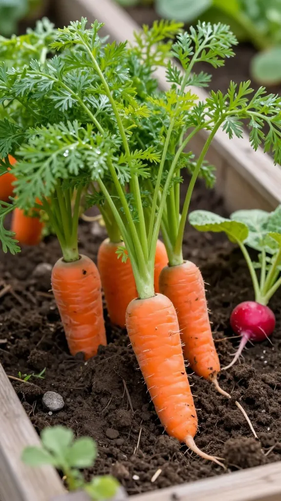 Close-up, high-resolution realistic photo of vibrant orange carrots growing straight in a raised garden bed with deep, stone-free, loose sandy soil; several mature, straight carrots partially exposed at the shoulders with lush, feathery green tops, alongside a few small round red radishes marking the row; morning natural light with soft shadows, slight dew on foliage; a wooden raised bed frame visible, background softly blurred with other vegetable greens; no mulch, no rocks, no manure clumps; include a hand gently brushing soil aside to reveal a straight carrot; color-rich, crisp detail, shallow depth of field, DSLR quality.