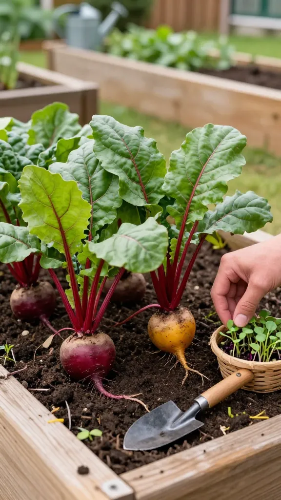 A realistic, high-resolution photo of a thriving raised garden bed filled with vibrant beet plants at different stages: deep red and golden beet roots half-exposed in rich, moist soil, with lush, glossy green leaves and ruby-red stems catching soft morning light. A gardener’s hand gently thins seedlings, placing tiny beet microgreens into a small basket nearby, while a hand trowel and a watering can rest on the wooden edge of the bed. Visible soil texture is dark and well-amended, with consistent moisture. In the background, blurred rows of other raised beds and a wooden fence suggest a tidy backyard garden. Natural colors, shallow depth of field, crisp details on beet veins and root shoulders, soft shadows, no text.