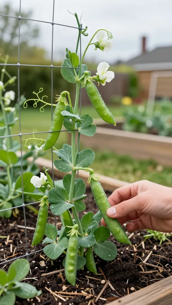 Close-up, high-resolution photo of an early-spring raised garden bed overflowing with climbing pea plants. Vibrant green sugar snap and snow peas wind up a simple mesh-and-string trellis, their delicate white blossoms and tendrils curling in soft morning light. Dew-kissed pea pods hang plump and crisp, ready to pick. The soil is dark and moist with a light mulch layer keeping roots cool. A gardener’s hand reaches in gently to harvest a tender pod. Background shows a slightly blurred backyard with cool-season ambiance—soft overcast sky, fresh spring foliage, and hints of other raised beds—natural colors, shallow depth of field, realistic textures, natural light, ultra-detailed.