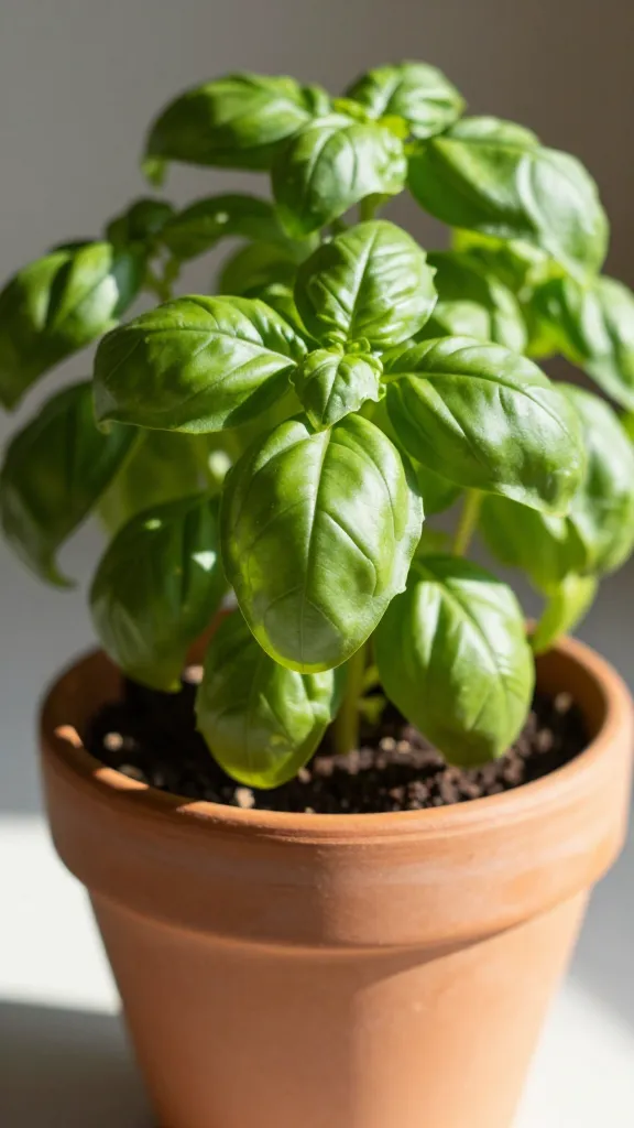 closeup of basil plant in terracotta pot, morning sun
