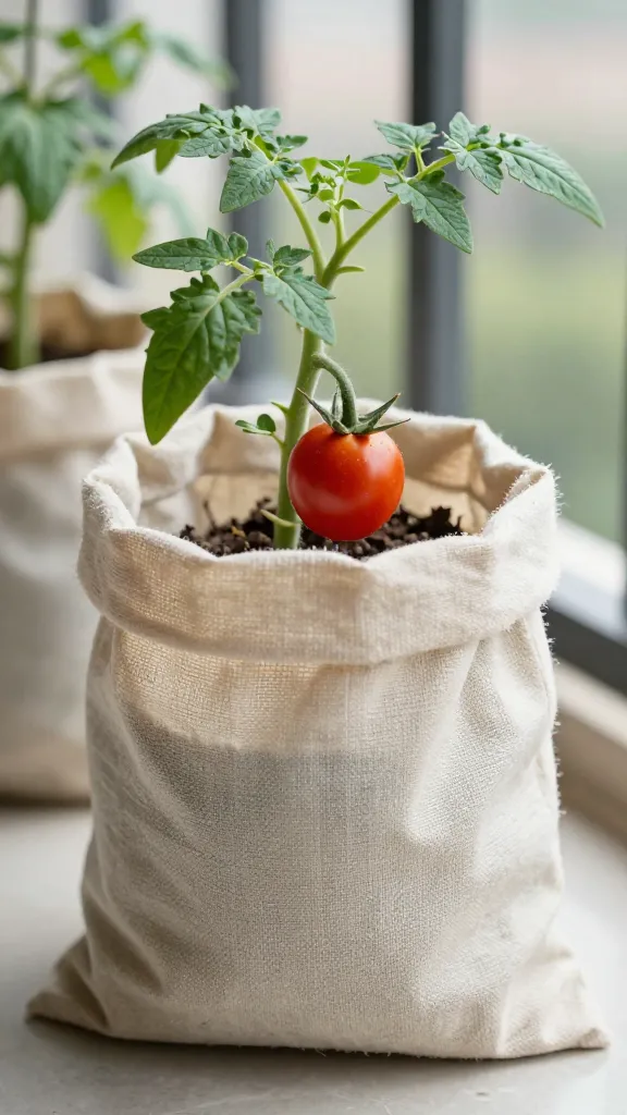 single cherry tomato plant in fabric grow bag, balcony