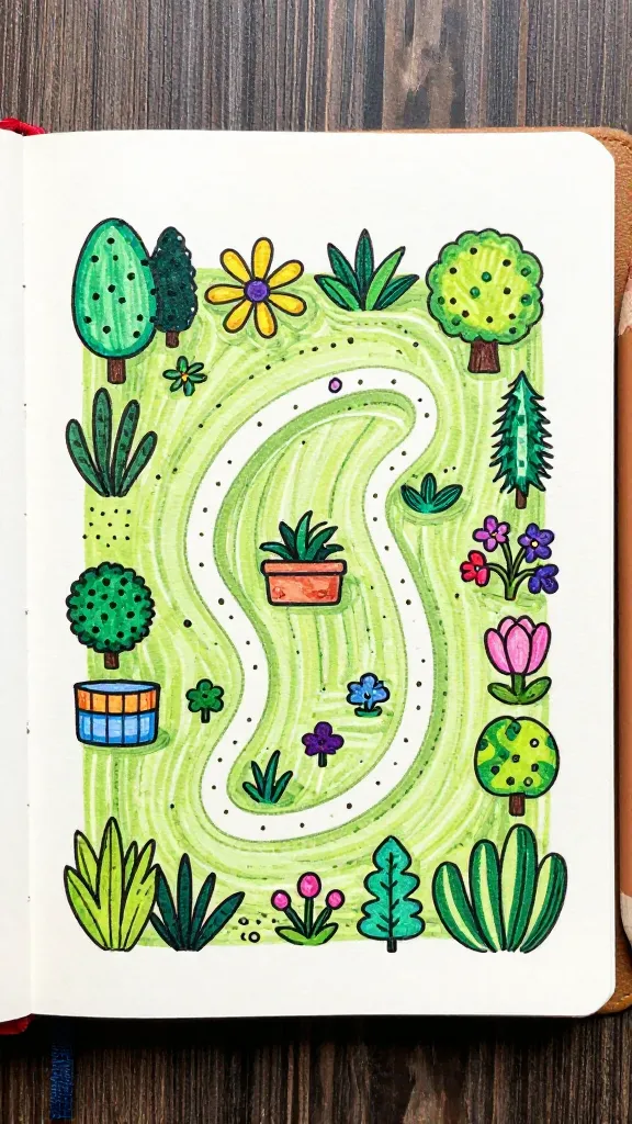 hand-drawn mini garden map on clipboard, pencil beside