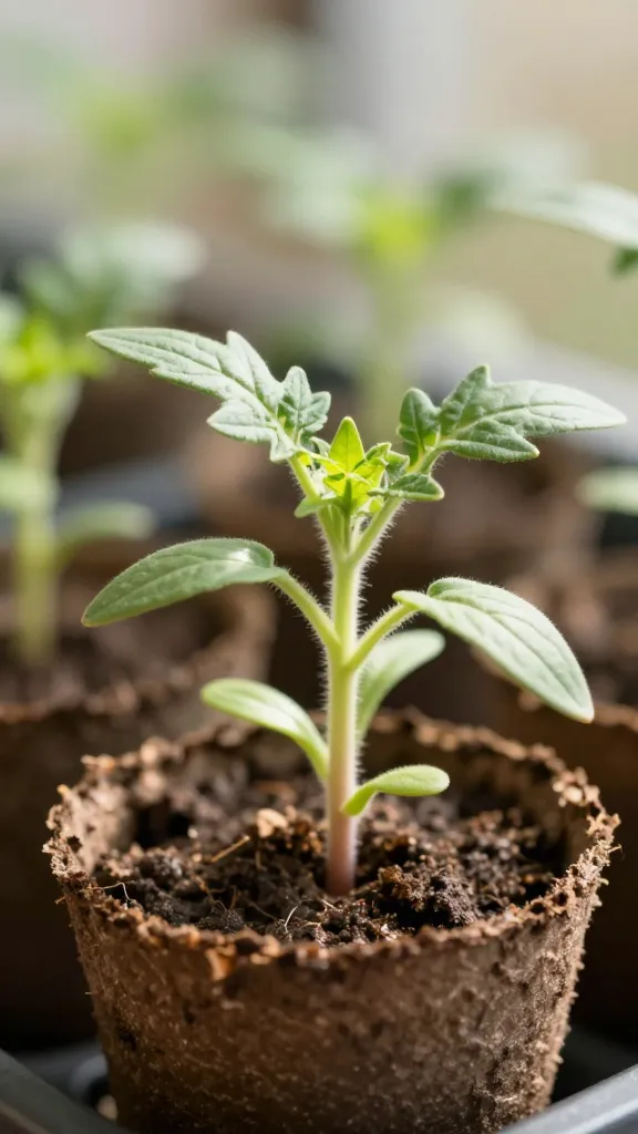 closeup of heirloom tomato seedling in peat pot, morning light