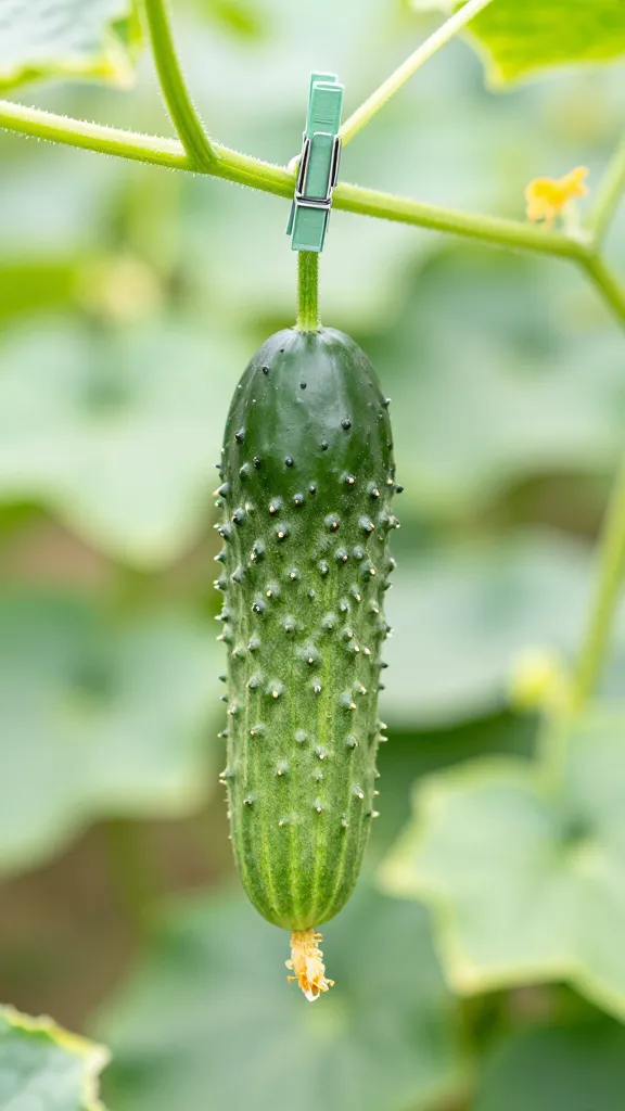 single cucumber trellis clip on green vine, shallow depth