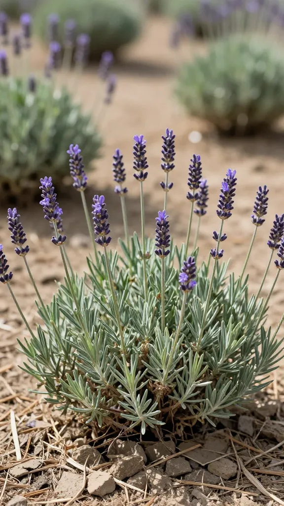 closeup of drought-tolerant lavender shrub with mulch bed