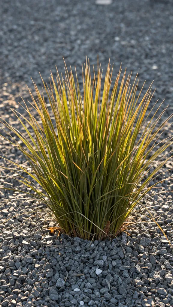 single ornamental grass clump against gravel, golden hour