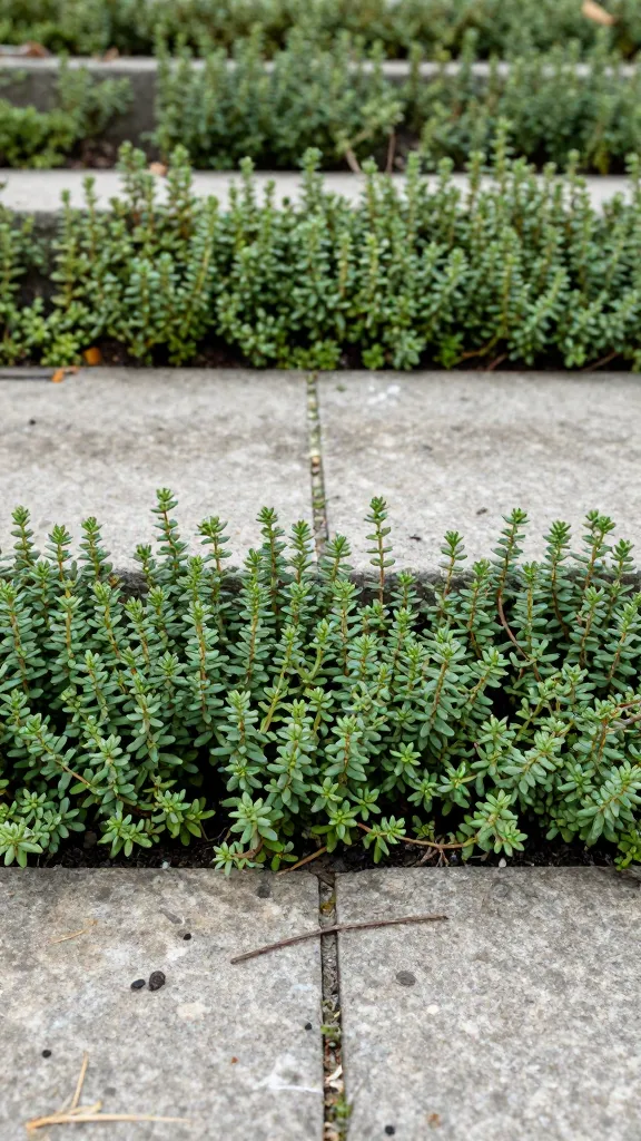 layered groundcover creeping thyme between flagstones, macro shot