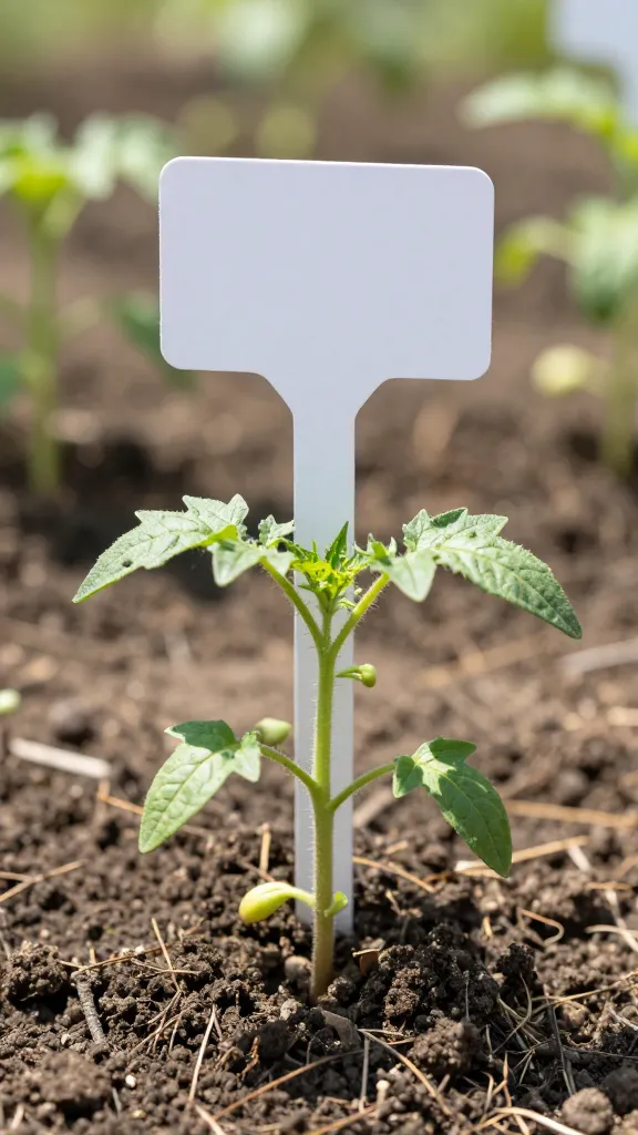 single tomato seedling label staked in full-sun soil