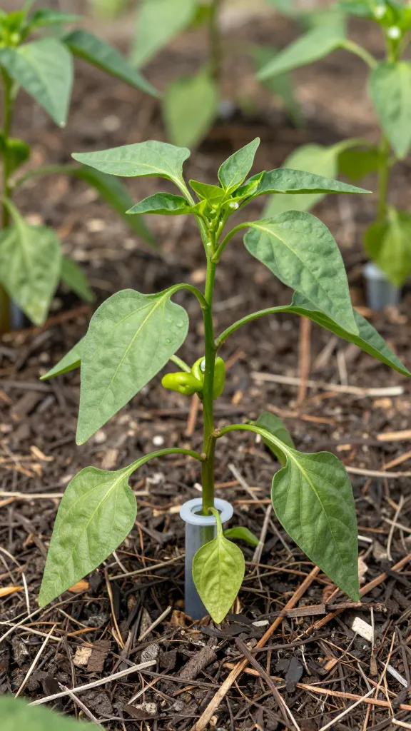 drip emitter watering one mulch-ringed pepper plant