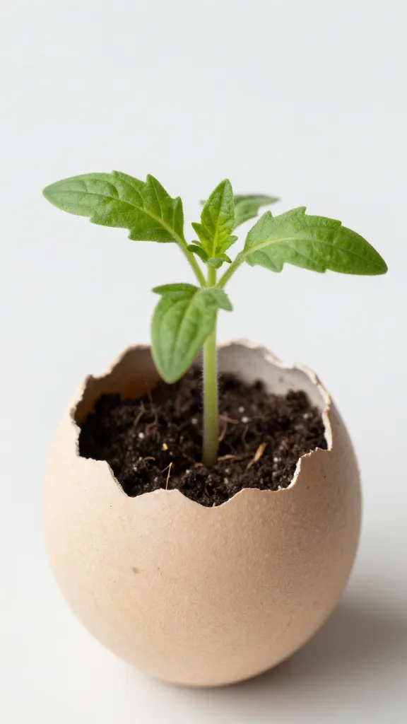 closeup of tomato seedling in repurposed eggshell planter