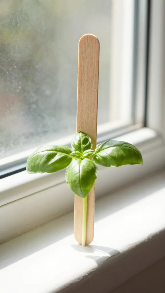 basil seedling under sunny windowsill, labeled popsicle stick