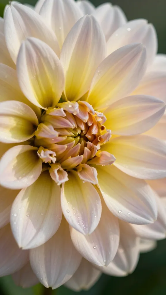 Closeup of a single dahlia bloom, dewy petals, morning light