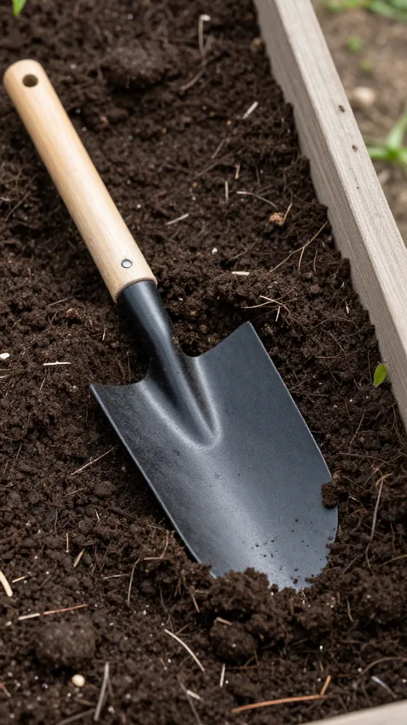 Raised garden bed corner with dark loamy soil, trowel imprint