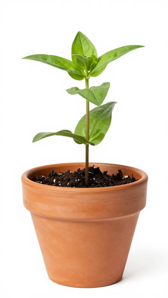 Single terracotta pot with zinnia seedling, six true leaves